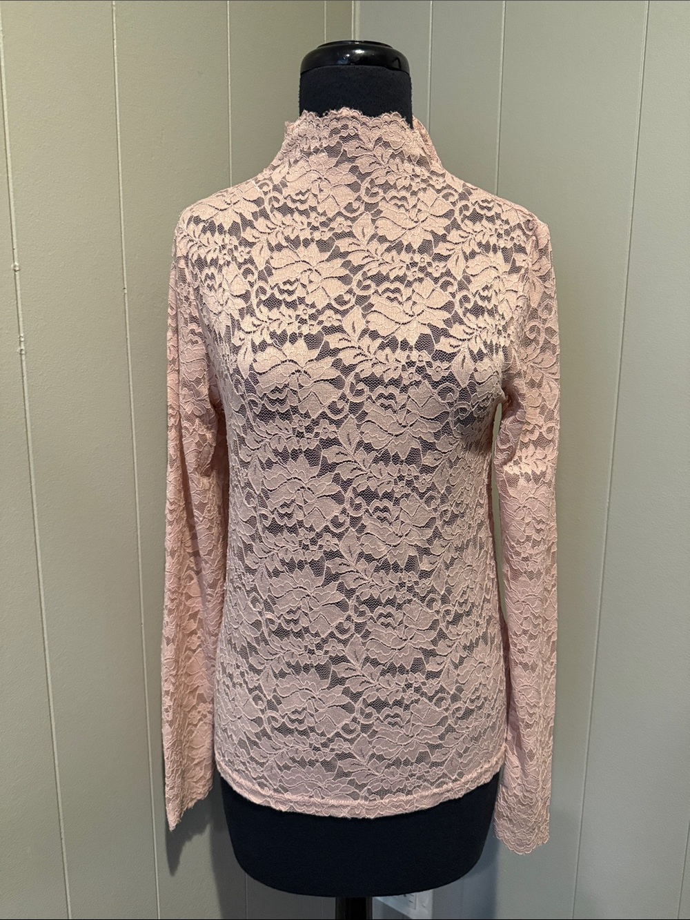 Molly Bracken Women’s Medium Powder Pink Lace Mock-Neck Long Sleeve Top